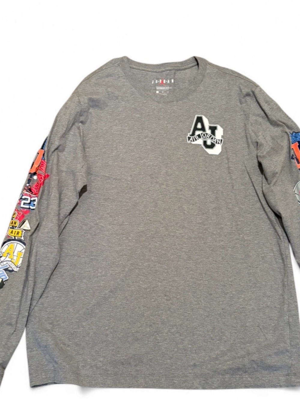 Jordan Grey Long Sleeve Logo Tee with Colorful Sleeve Graphics